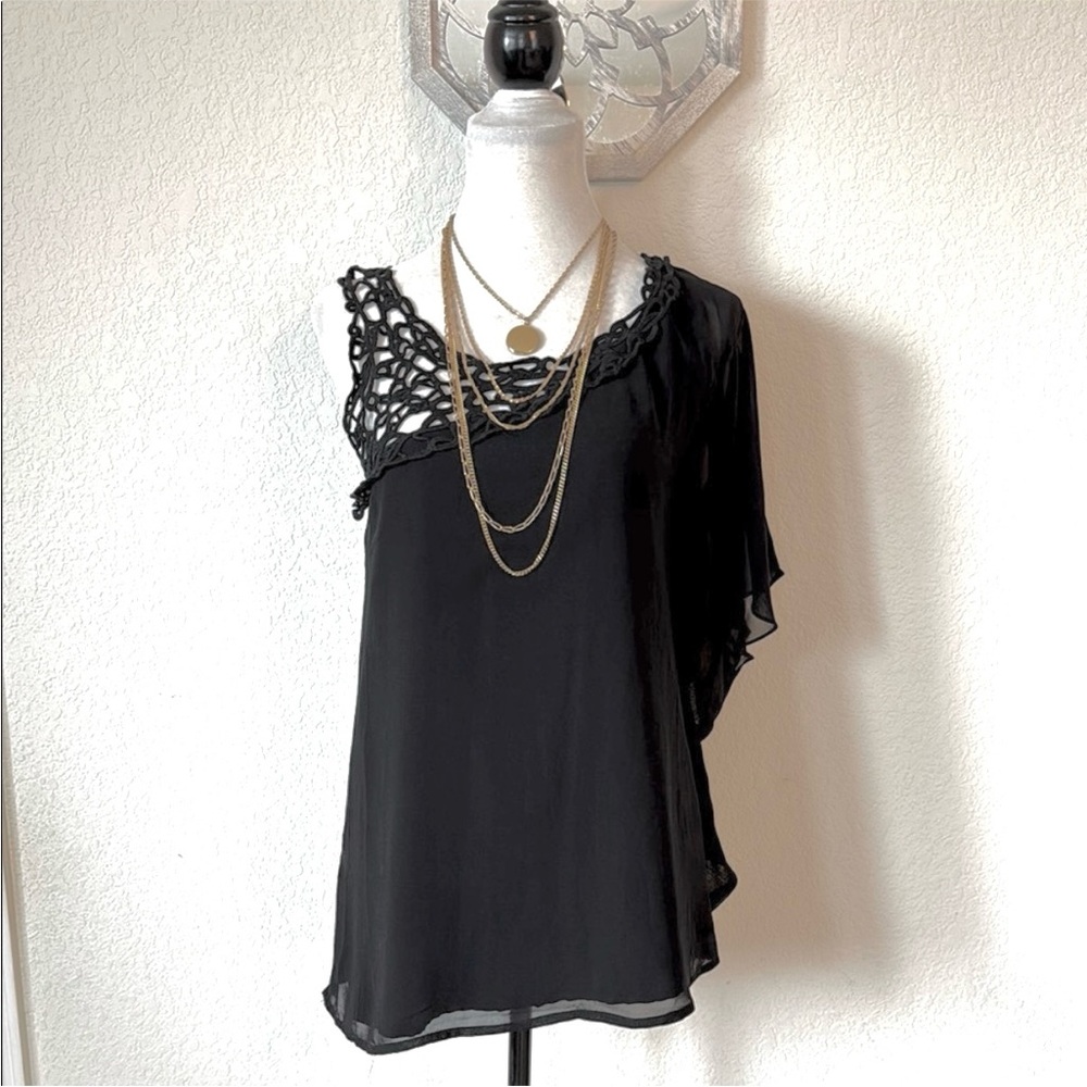 Sugarlips • Black Crochet One Shoulder Chiffon Blouse Asymmetrical Ruffle